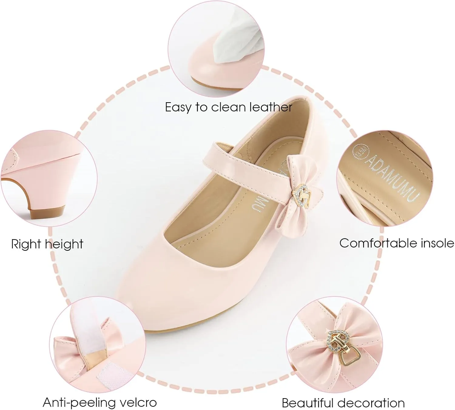 ADAMUMU Girls Low Heel Shoes PU Dress Shoes for Wedding(Little Big Kids)