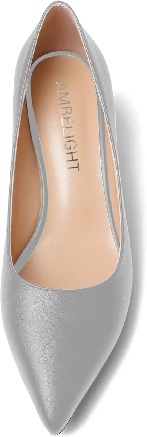 AMBELIGHT Womens Pointed Toe Casual Block Office Matte Slip On Chunky Low Heel Pumps Shoes 2 Inch