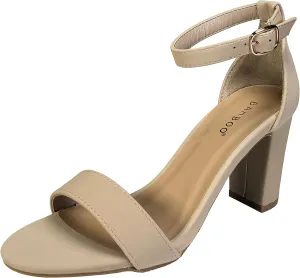 BAMBOO Women's Single Band Chunky Heel Sandal with Ankle Strap, Black White Stripe Fabric