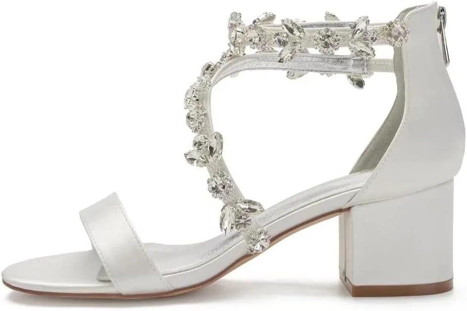 Block Heel Wedding Sandals for Bride Crystals Strappy Open Toe Formal Party Dress Sandal Heels 702-18