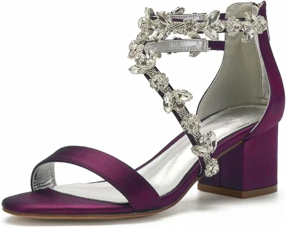 Block Heel Wedding Sandals for Bride Crystals Strappy Open Toe Formal Party Dress Sandal Heels 702-18