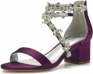 Block Heel Wedding Sandals for Bride Crystals Strappy Open Toe Formal Party Dress Sandal Heels 702-18