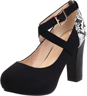 Caradise Womens Cross Strap High Block Heel Platform Pumps Round Closed Toe Dress Shoes