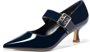 Coutgo Womens Kitten Heels Mary Jane Shoes Closed Pointed Toe Dress Shoes Buckle Work Office Pump Shoes
