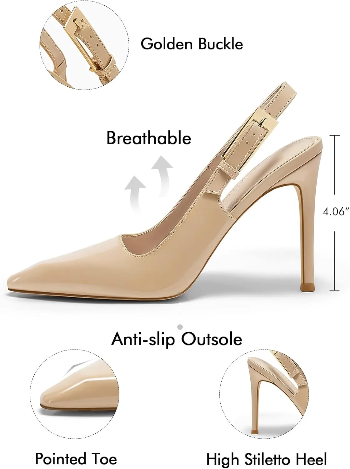Coutgo Women's Slingback High Heels Pointed Toe Stilettos Metal Buckle Dress Party Pump Shoes