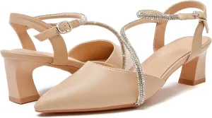 DADAWEN Women's Slingback Low Chunky Heels Closed Pointed Toe Rhinestone Ankle Strap Wedding Party Dress Pump Shoes
