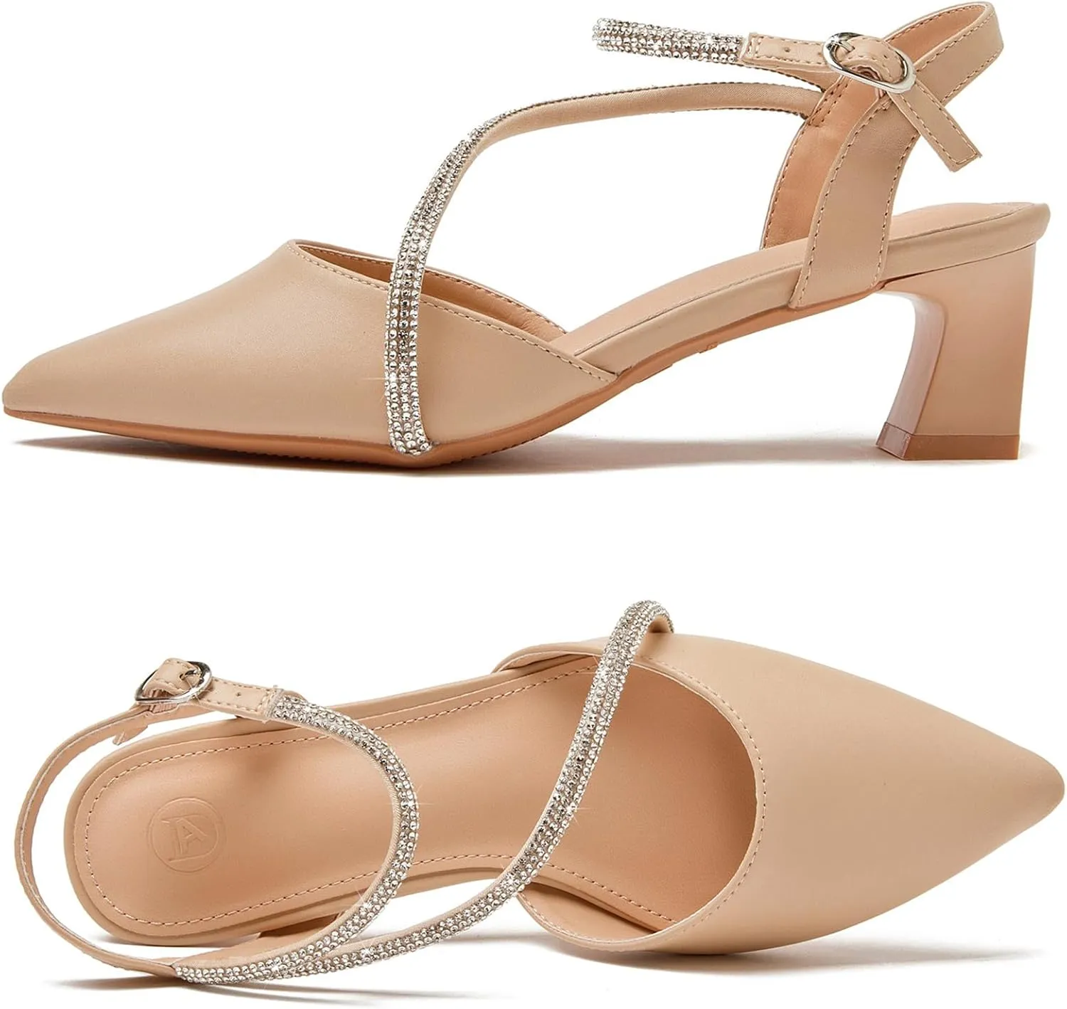 DADAWEN Women's Slingback Low Chunky Heels Closed Pointed Toe Rhinestone Ankle Strap Wedding Party Dress Pump Shoes