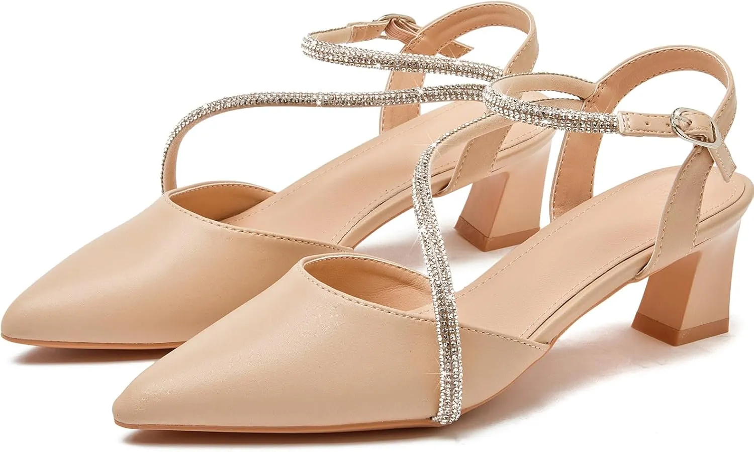 DADAWEN Women's Slingback Low Chunky Heels Closed Pointed Toe Rhinestone Ankle Strap Wedding Party Dress Pump Shoes