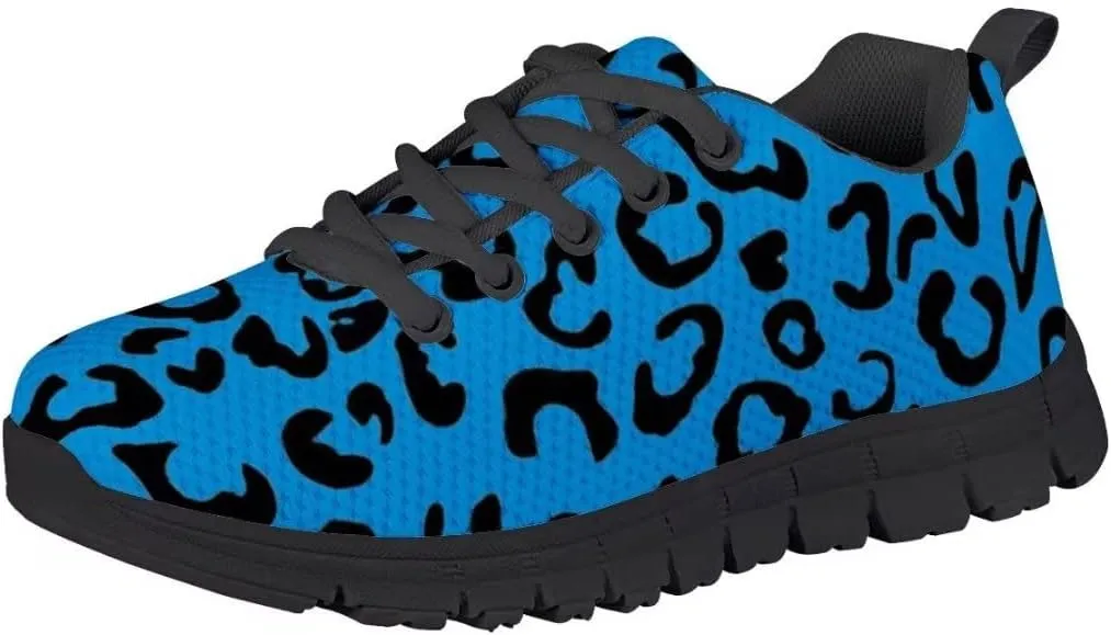 Dellukee Running Shoes for Girls Boys Black Bottom Kids Breathable Athletic Tennis Walking Leopard Sneakers