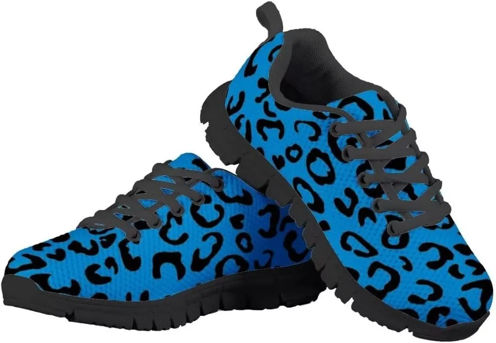 Dellukee Running Shoes for Girls Boys Black Bottom Kids Breathable Athletic Tennis Walking Leopard Sneakers