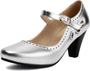 Elerhythm Women's Mary Jane Teardrop Cutout Classic and Retro 1920s Pump Heels 1950s Vintage Round Closed Toe 1940s Ankle Strap Dress Shoes