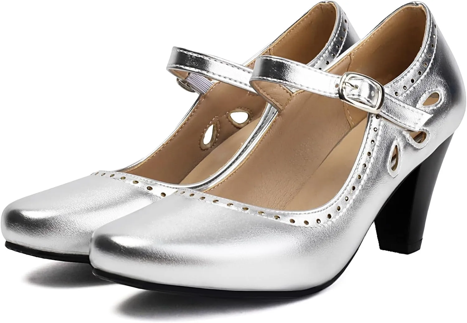 Elerhythm Women's Mary Jane Teardrop Cutout Classic and Retro 1920s Pump Heels 1950s Vintage Round Closed Toe 1940s Ankle Strap Dress Shoes