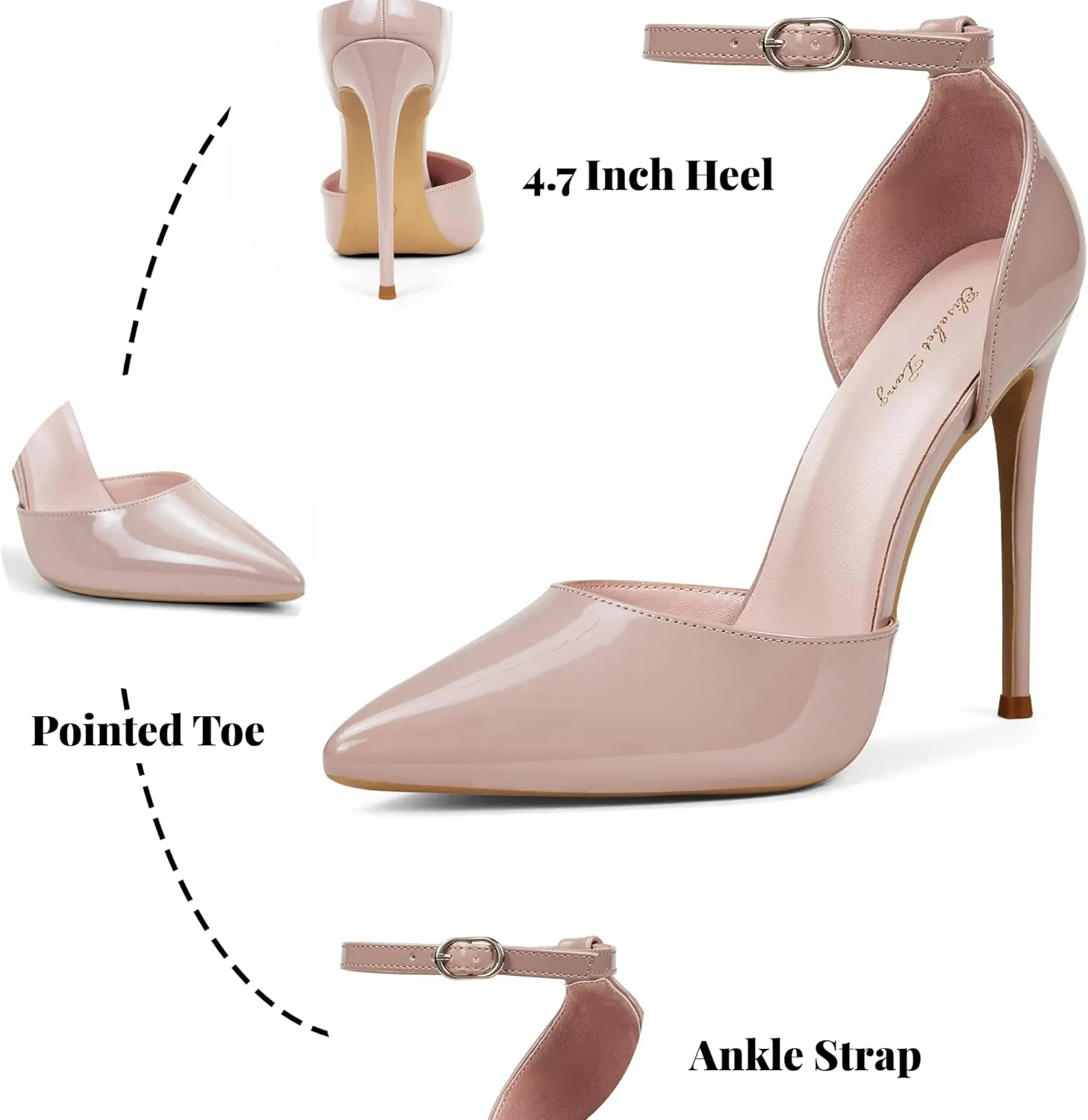Elisabet Tang High Heels, Women Pumps D'Orsay Ankle Strap Pointed Toe Stiletto Heels Rhinestone Party Wedding Shoes