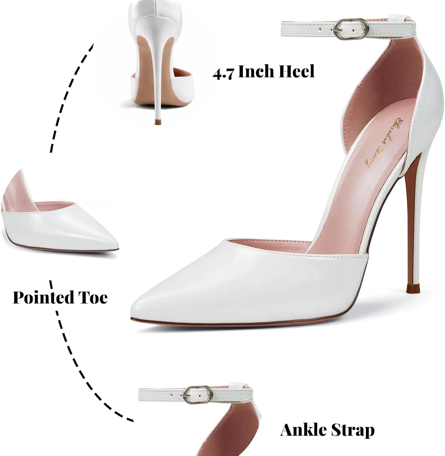 Elisabet Tang High Heels, Women Pumps D'Orsay Ankle Strap Pointed Toe Stiletto Heels Rhinestone Party Wedding Shoes