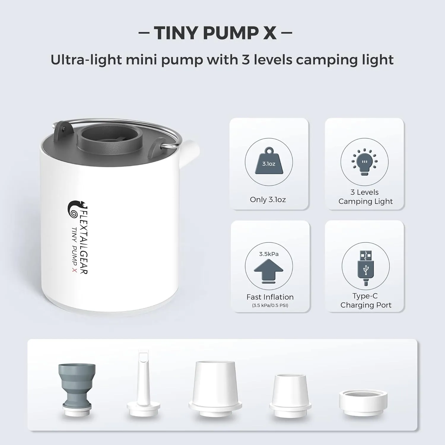 FLEXTAILGEAR Tiny Pump X Portable Air Pump  Camping Light Ultra-Mini Air Pump with 1300mAh Battery USB Rechargeable for Sleeping Pads Pool Floats Air Bed Air Mattress Swimming Ring