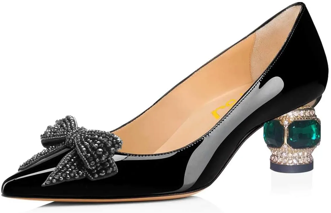 FSJ Women Pointed Toe Crystal Pump Rhinestone Bow Block Low Heel Slip On Comfy Date Party Shoes Size 4-16 US