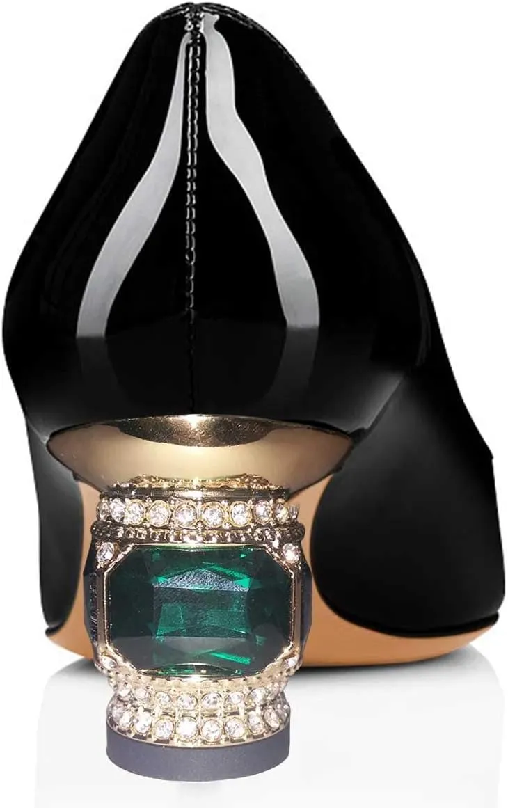 FSJ Women Pointed Toe Crystal Pump Rhinestone Bow Block Low Heel Slip On Comfy Date Party Shoes Size 4-16 US