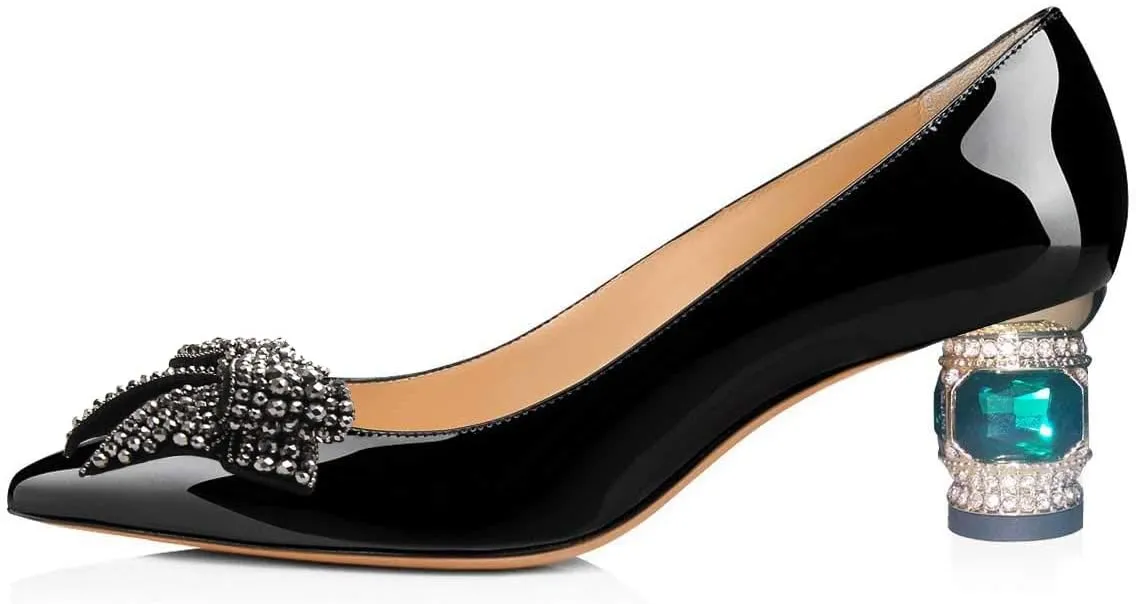 FSJ Women Pointed Toe Crystal Pump Rhinestone Bow Block Low Heel Slip On Comfy Date Party Shoes Size 4-16 US