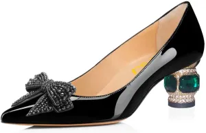 FSJ Women Pointed Toe Crystal Pump Rhinestone Bow Block Low Heel Slip On Comfy Date Party Shoes Size 4-16 US
