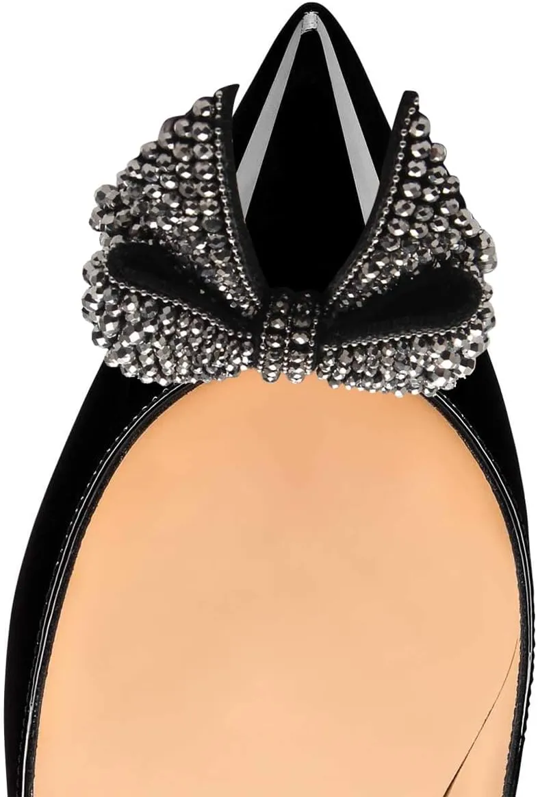 FSJ Women Pointed Toe Crystal Pump Rhinestone Bow Block Low Heel Slip On Comfy Date Party Shoes Size 4-16 US
