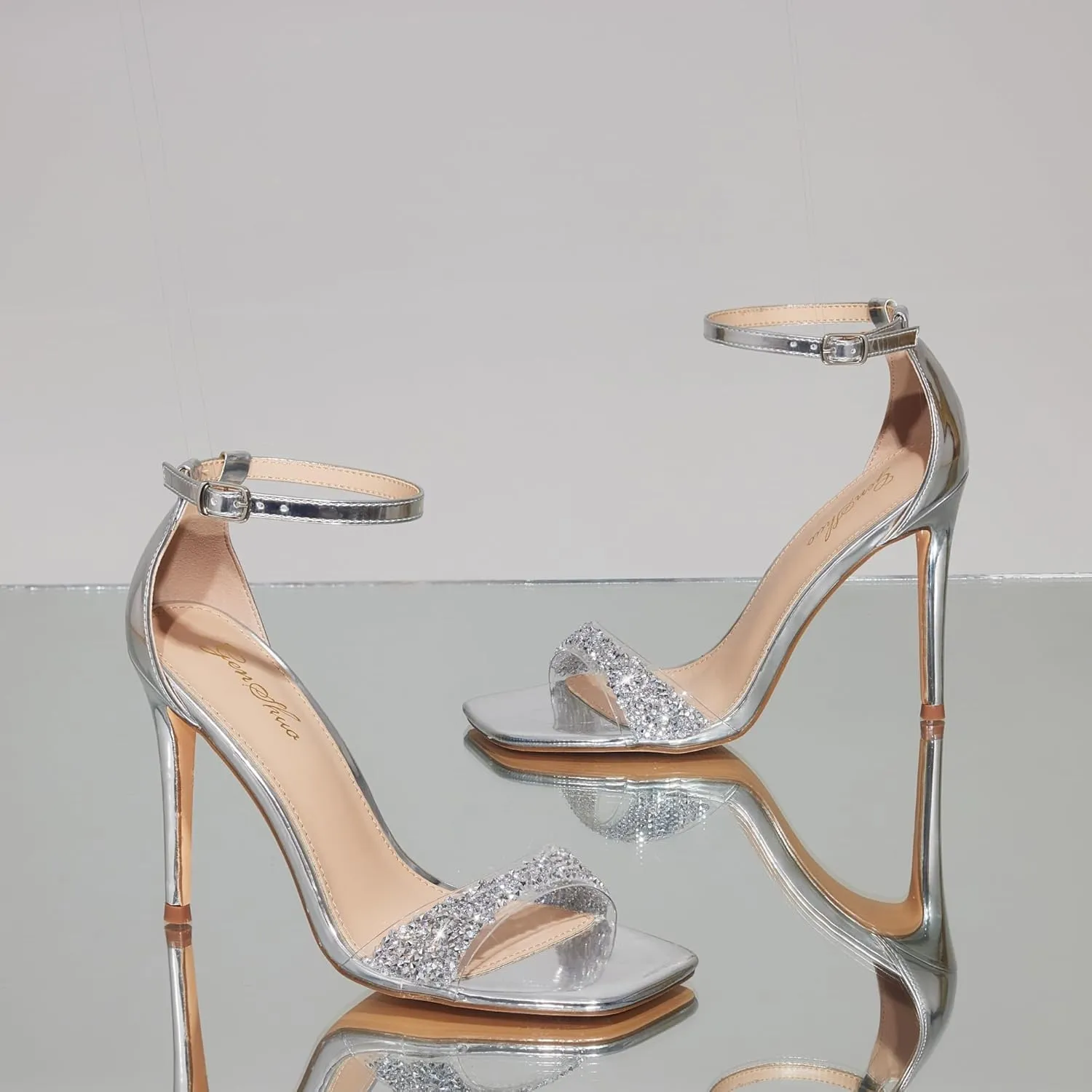 GENSHUO High Heeled Sandals for Women One Strap Heels with Square Open Toe 4 Inch Stiletto Ankle Strap Shoes Elegant Sexy Dress Wedding Party