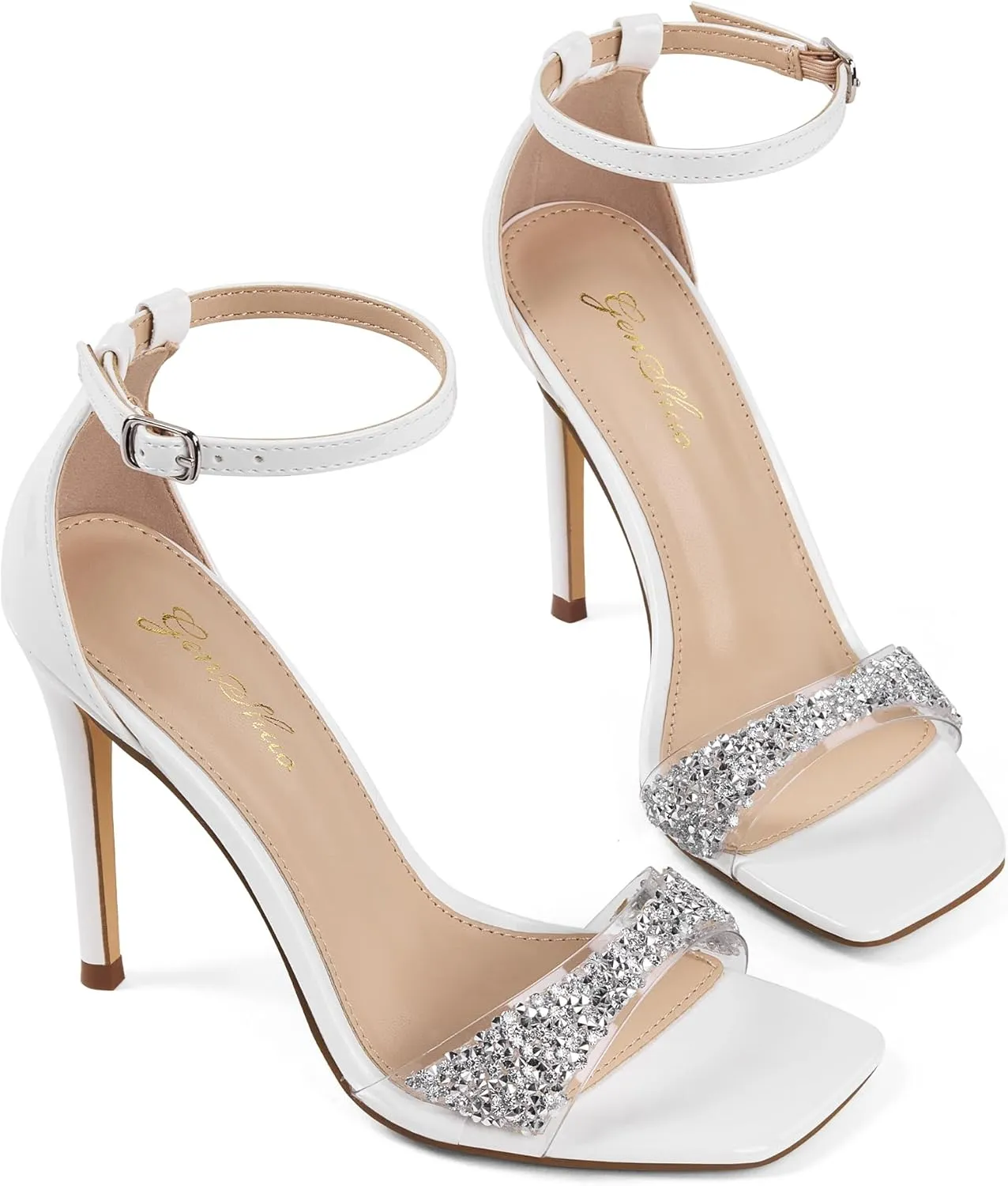 GENSHUO High Heeled Sandals for Women One Strap Heels with Square Open Toe 4 Inch Stiletto Ankle Strap Shoes Elegant Sexy Dress Wedding Party