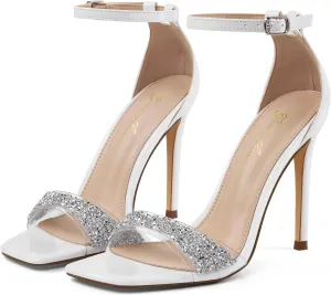 GENSHUO High Heeled Sandals for Women One Strap Heels with Square Open Toe 4 Inch Stiletto Ankle Strap Shoes Elegant Sexy Dress Wedding Party