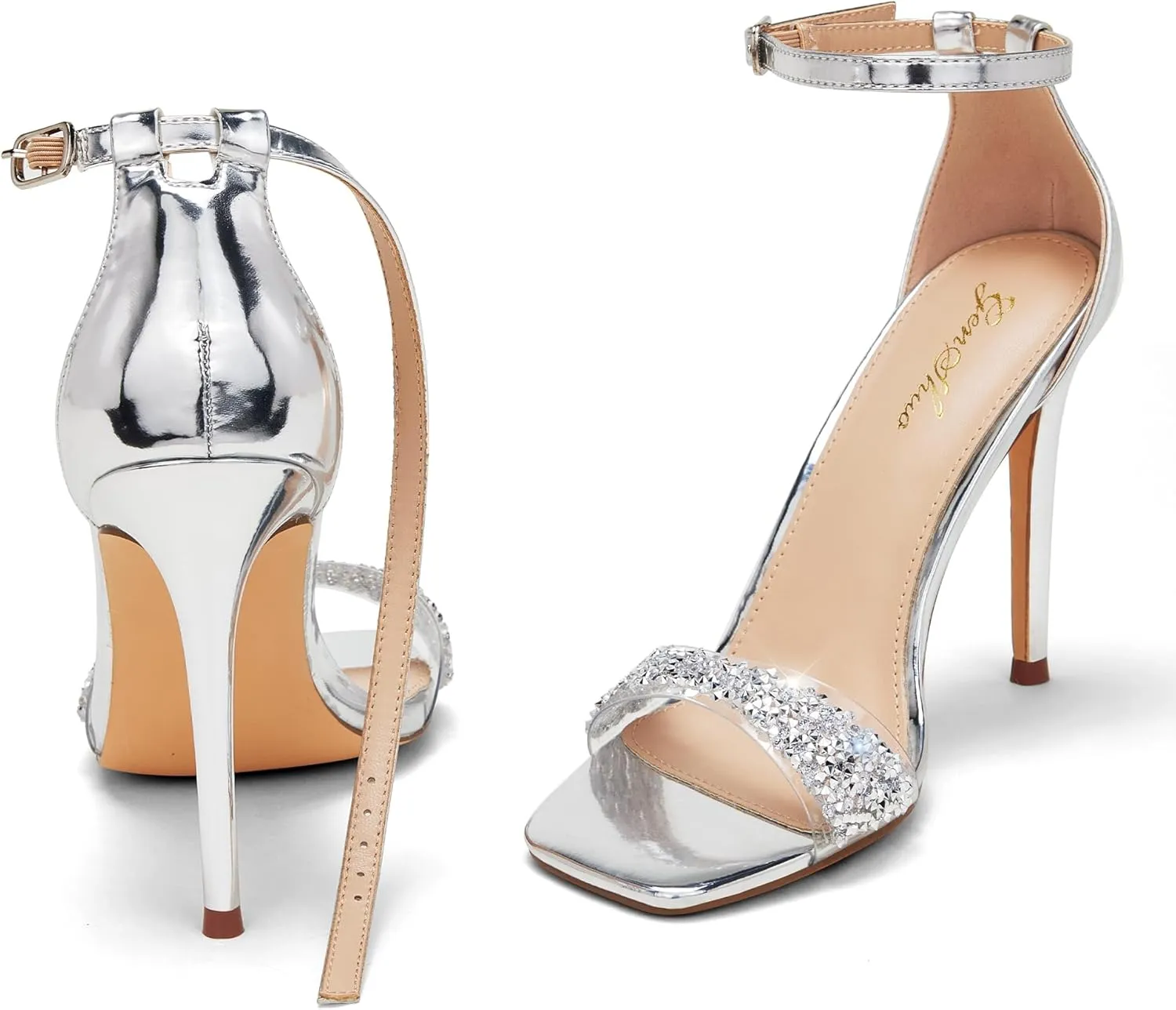 GENSHUO High Heeled Sandals for Women One Strap Heels with Square Open Toe 4 Inch Stiletto Ankle Strap Shoes Elegant Sexy Dress Wedding Party