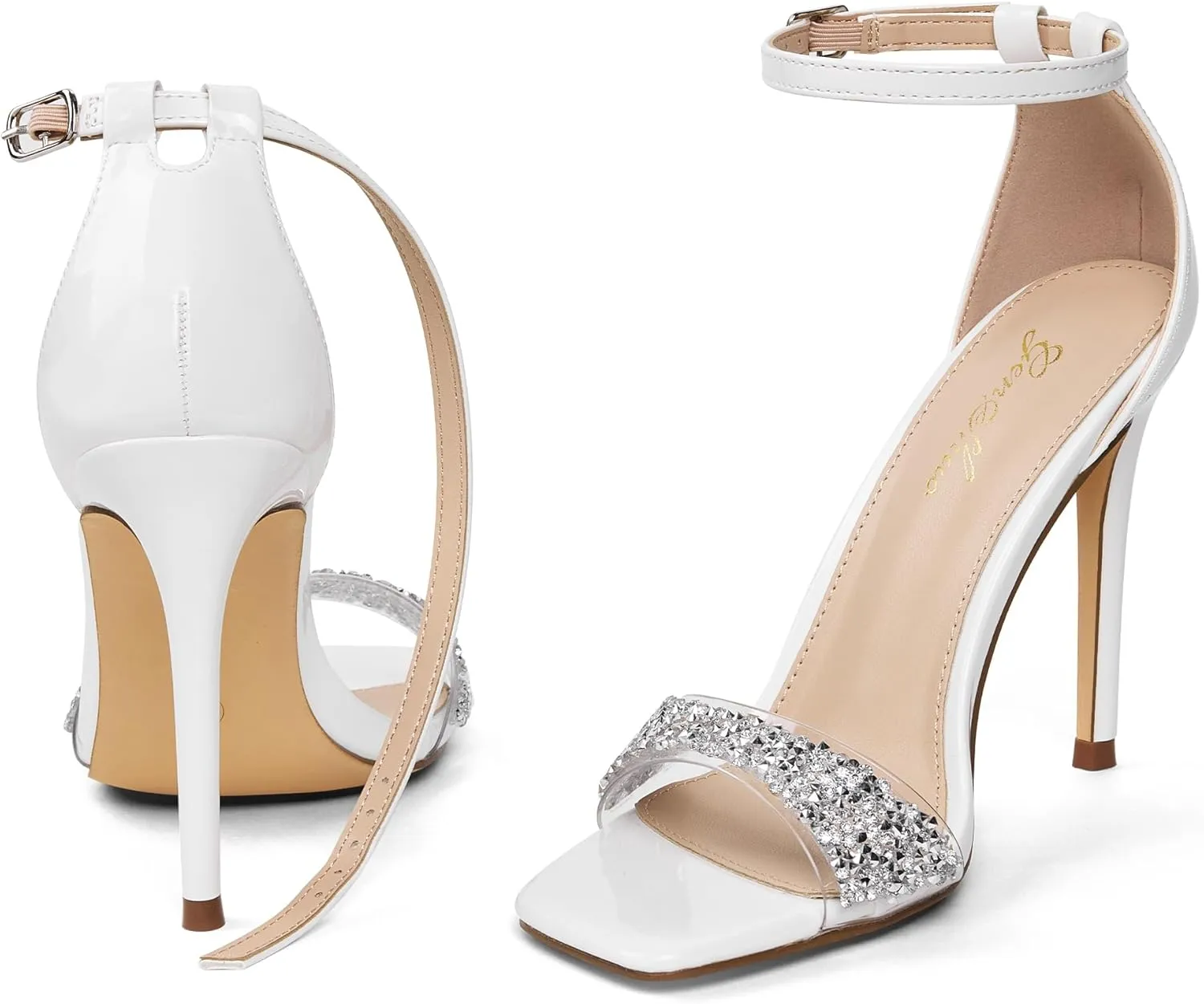 GENSHUO High Heeled Sandals for Women One Strap Heels with Square Open Toe 4 Inch Stiletto Ankle Strap Shoes Elegant Sexy Dress Wedding Party