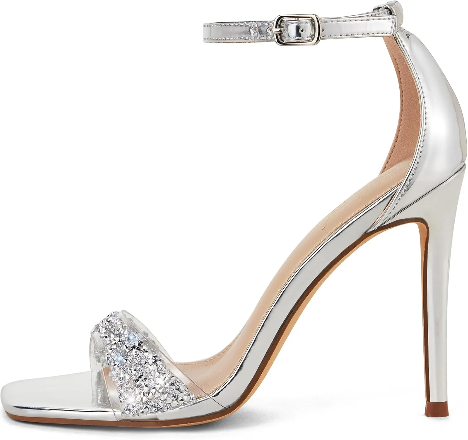 GENSHUO High Heeled Sandals for Women One Strap Heels with Square Open Toe 4 Inch Stiletto Ankle Strap Shoes Elegant Sexy Dress Wedding Party