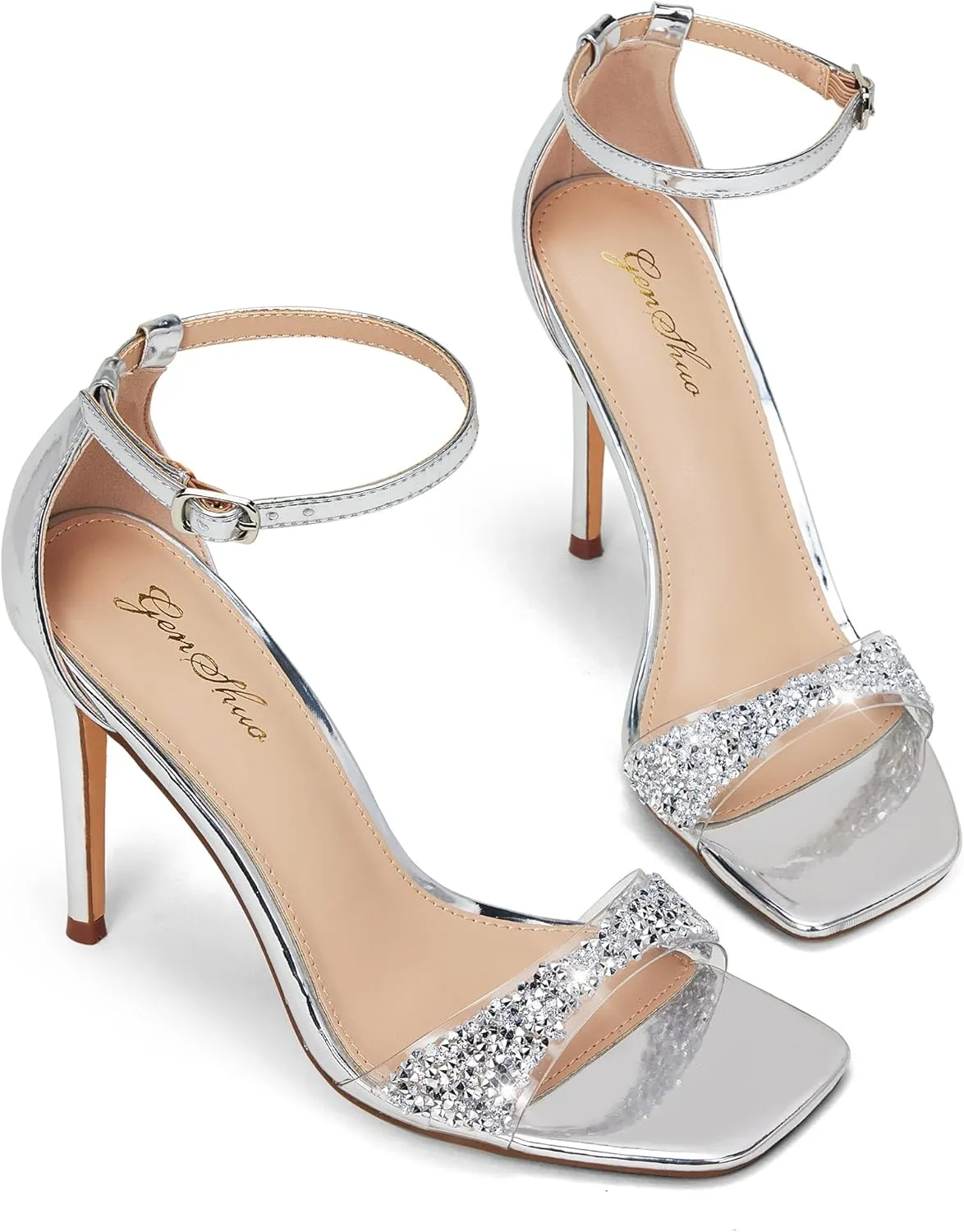 GENSHUO High Heeled Sandals for Women One Strap Heels with Square Open Toe 4 Inch Stiletto Ankle Strap Shoes Elegant Sexy Dress Wedding Party