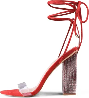 GENSHUO Sexy Strappy Rhinestone Chunky Sandals for Women Lace-up High Heels Transparent Open Toe Party Wedding Homecoming Shoes