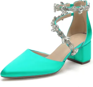 Hyinlays Women's Closed Pointed Toe Block Heel Satin Crystal Wedding Pump Shoes Chunky Low Heel Bridal Prom Heels Sandals