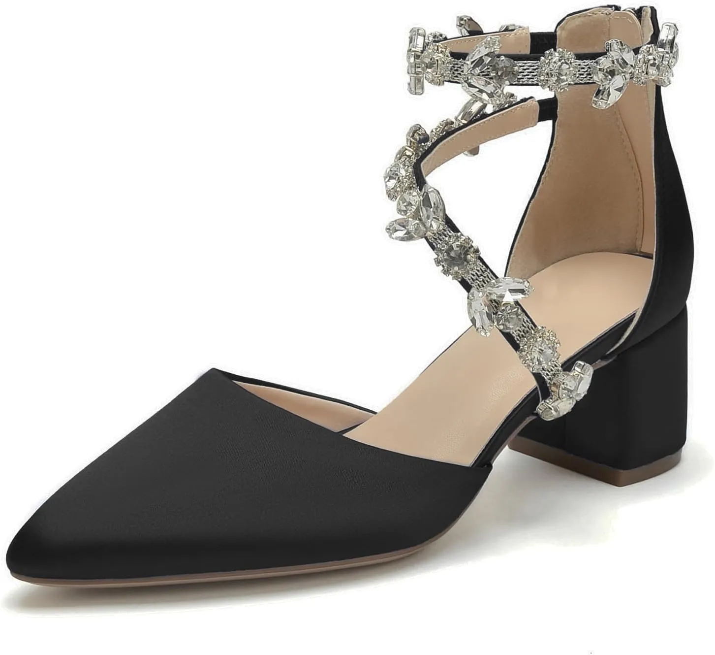 Hyinlays Women's Closed Pointed Toe Block Heel Satin Crystal Wedding Pump Shoes Chunky Low Heel Bridal Prom Heels Sandals