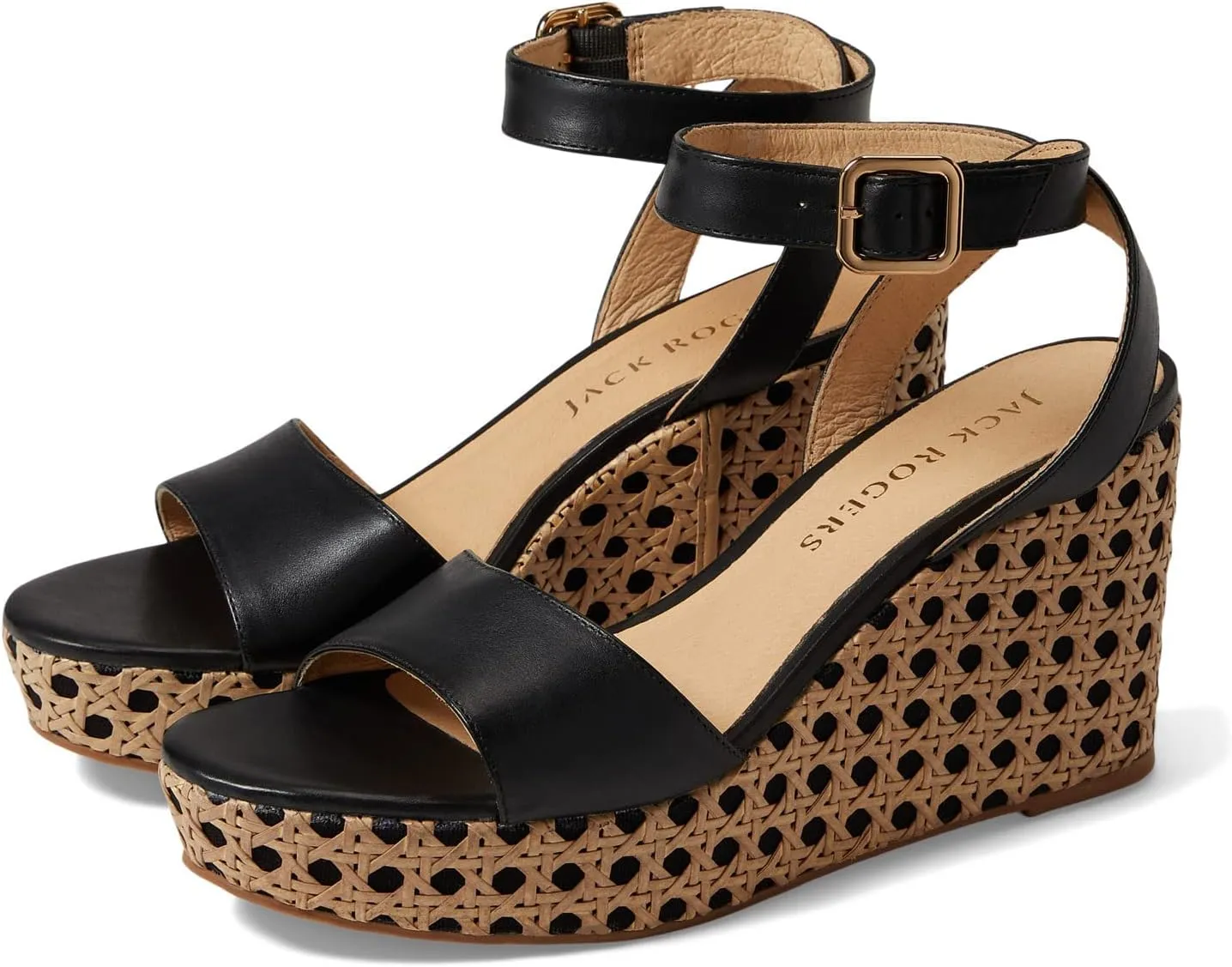 Jack Rogers Merrain Caning Wedge Heels for Women - Leather Upper, Ankle Strap with Buckle Closure