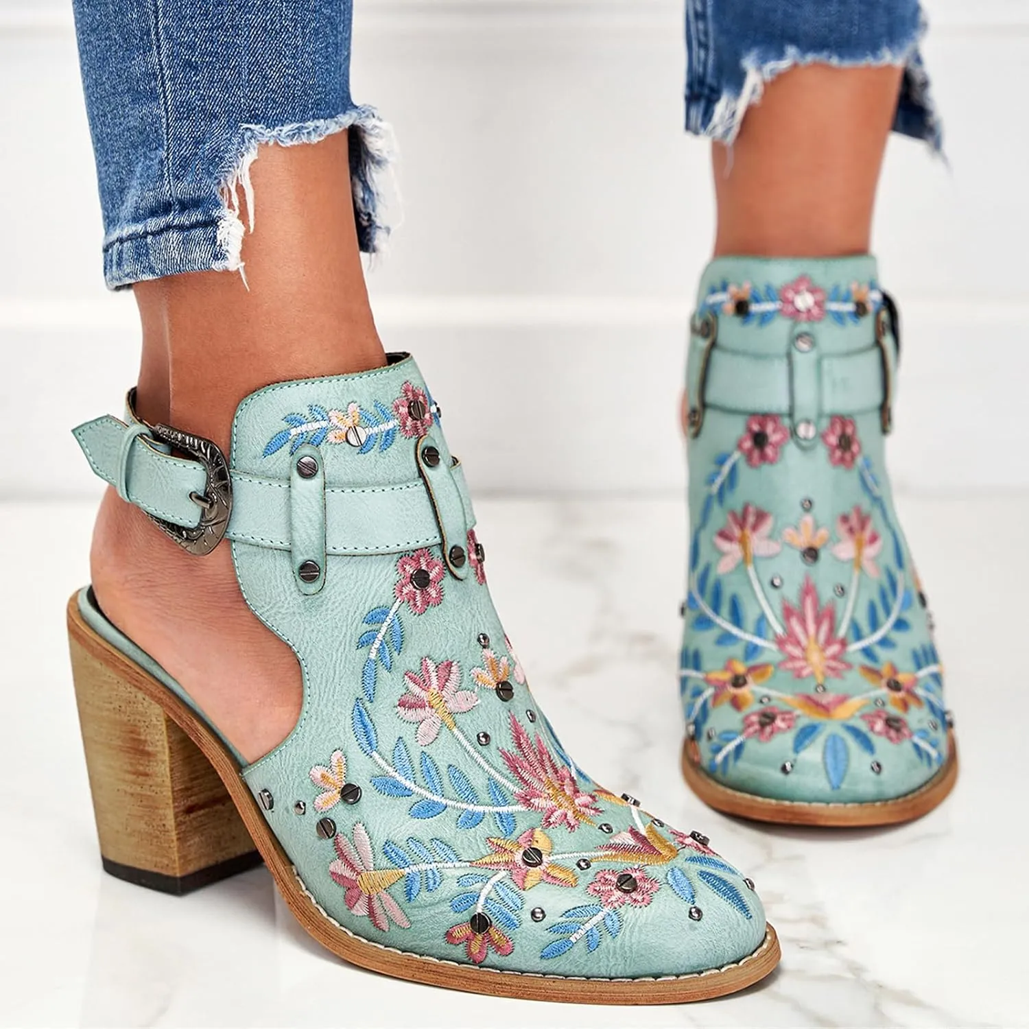 KCTRFSJ Women's Embroidered Floral Closed Chunky High Heeled Sandals with Ankle Strap,Vintage Rivet Platform Slingback Block Heeled Mules,Fashion Dress Wedding Ball Party Pumps Shoes