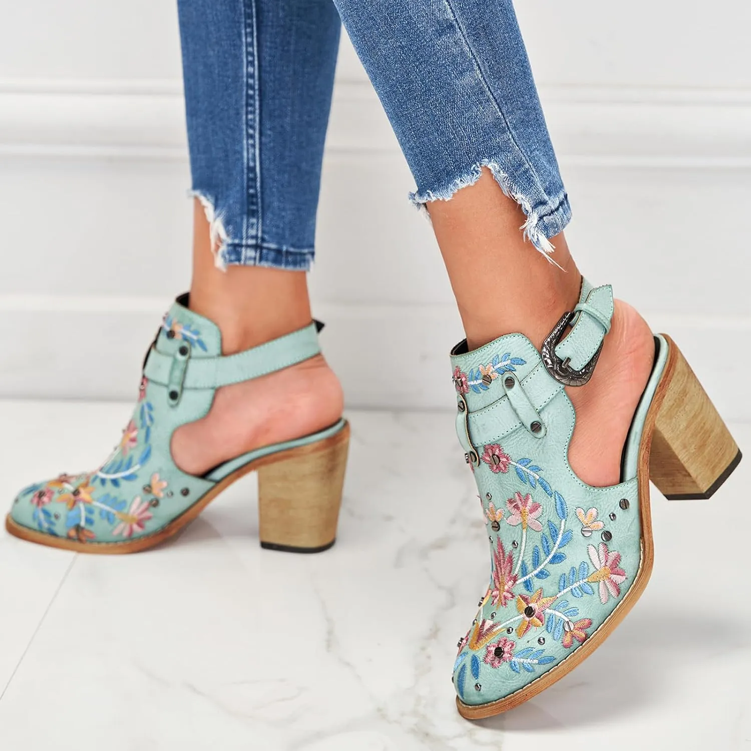 KCTRFSJ Women's Embroidered Floral Closed Chunky High Heeled Sandals with Ankle Strap,Vintage Rivet Platform Slingback Block Heeled Mules,Fashion Dress Wedding Ball Party Pumps Shoes