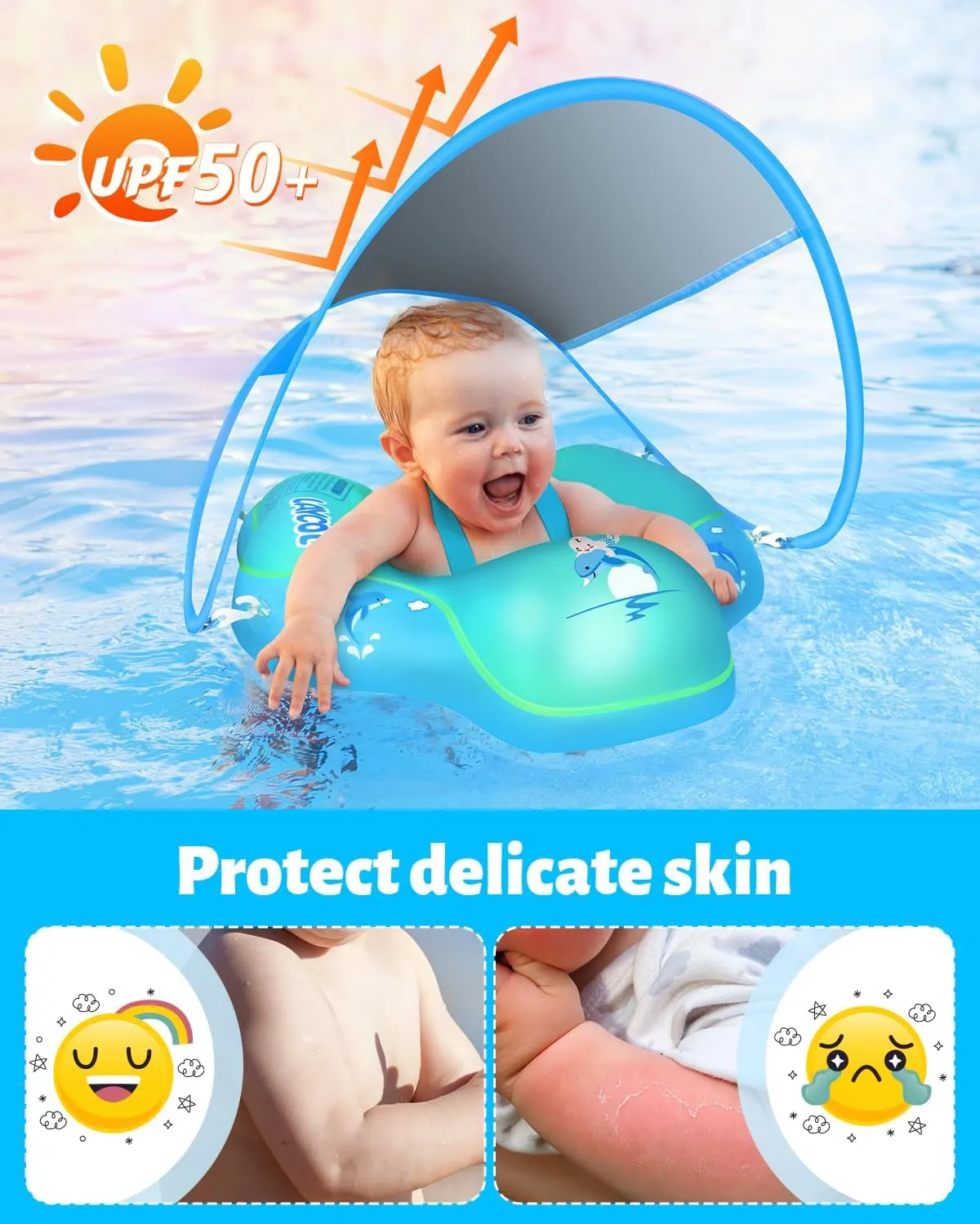 LAYCOL Baby Swimming Float Inflatable Baby Pool Float Ring with Sun Protection Canopy,add Tail no flip Over for Age of 3-36 Months