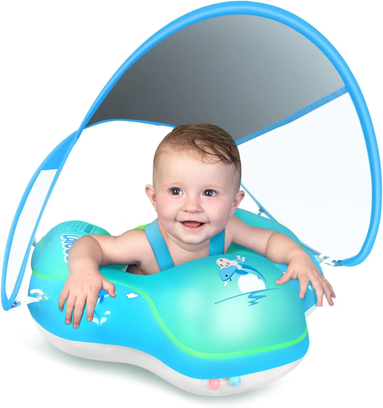 LAYCOL Baby Swimming Float Inflatable Baby Pool Float Ring with Sun Protection Canopy,add Tail no flip Over for Age of 3-36 Months
