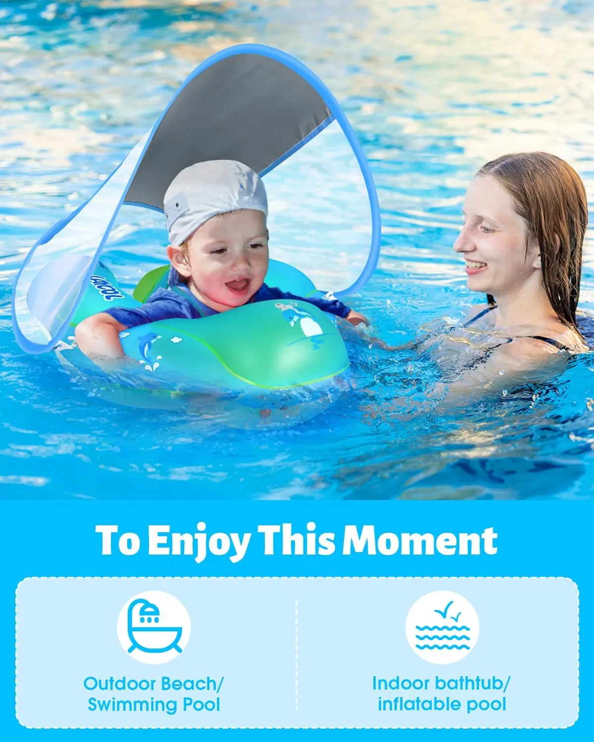 LAYCOL Baby Swimming Float Inflatable Baby Pool Float Ring with Sun Protection Canopy,add Tail no flip Over for Age of 3-36 Months