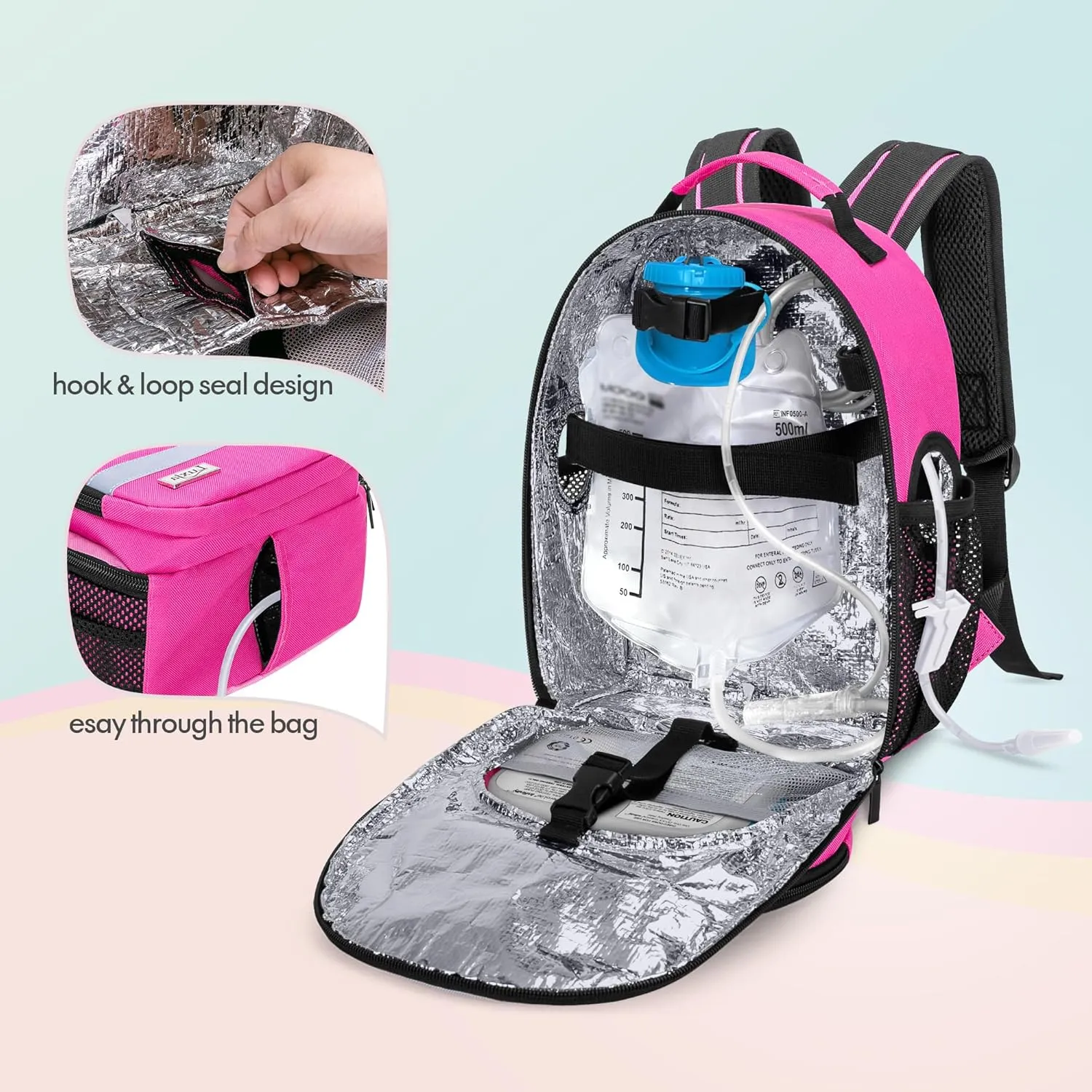 LUXJA Feeding Tube Backpack for G Tube, J Tube and GJ Tube, Feeding Pump Backpack Fits 500ml Feeding Bag and Enteral Feeding Pump (Compatible with EnteraLite Infinity and Kangaroo Joey), Rose Red