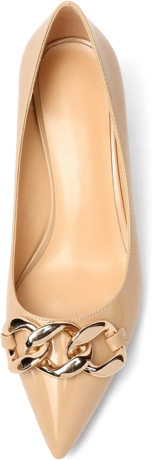 Mettesally Women's Block Heel Pumps Pointed Toe Mid Heels Heeled Pumps Low Heels with Metal Chain Dressy Wedding Party Shoes