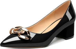 Mettesally Women's Block Heel Pumps Pointed Toe Mid Heels Heeled Pumps Low Heels with Metal Chain Dressy Wedding Party Shoes