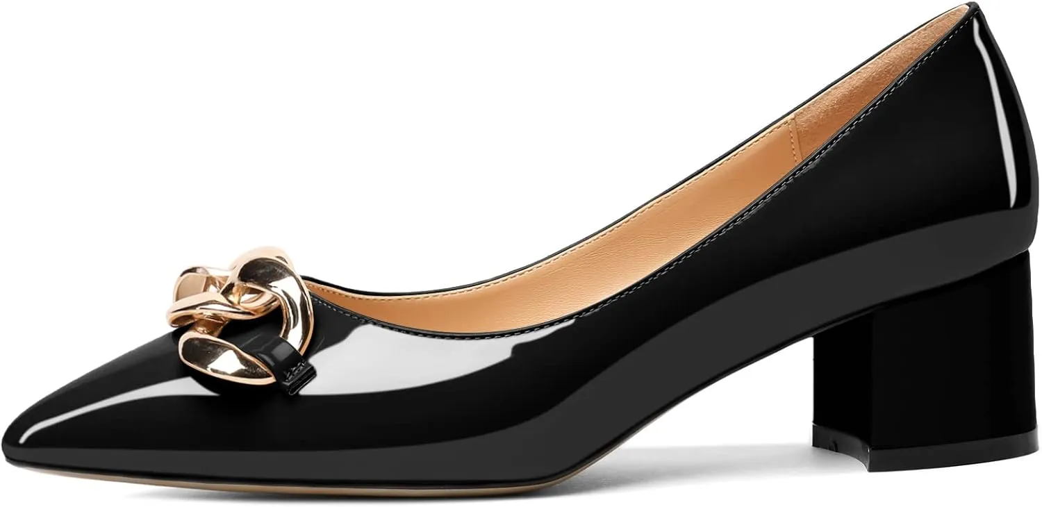 Mettesally Women's Block Heel Pumps Pointed Toe Mid Heels Heeled Pumps Low Heels with Metal Chain Dressy Wedding Party Shoes