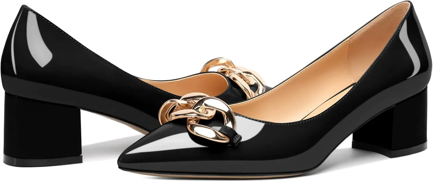 Mettesally Women's Block Heel Pumps Pointed Toe Mid Heels Heeled Pumps Low Heels with Metal Chain Dressy Wedding Party Shoes