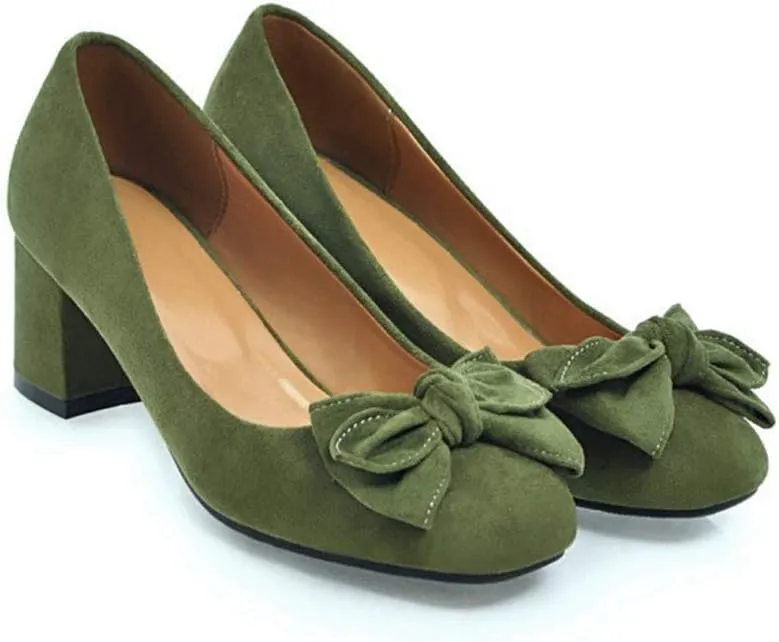 MIOKE Women's Square Toe Chunky Mid Block Heel Pumps Suede Slip-On Casual Comfort Work Office Dress Shoes