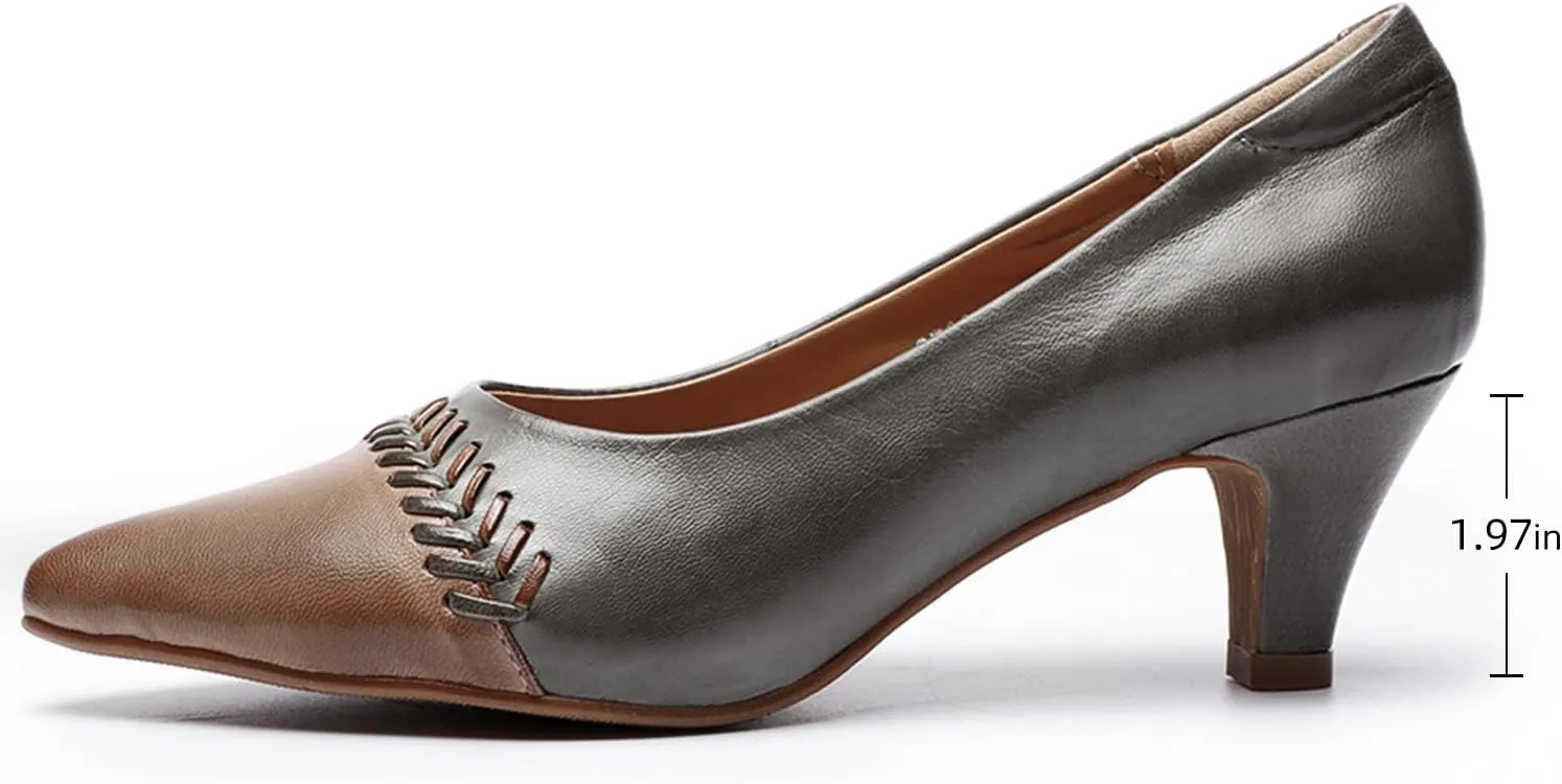 Mona flying Women's Leather Pump Med Heel Pointed Toe Office Dress Shoes for Ladies
