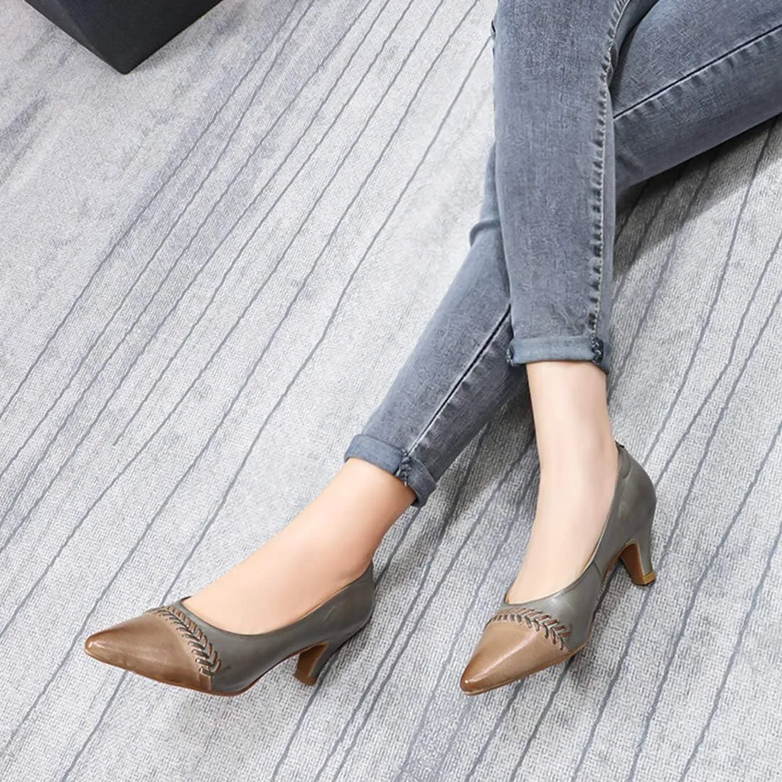 Mona flying Women's Leather Pump Med Heel Pointed Toe Office Dress Shoes for Ladies