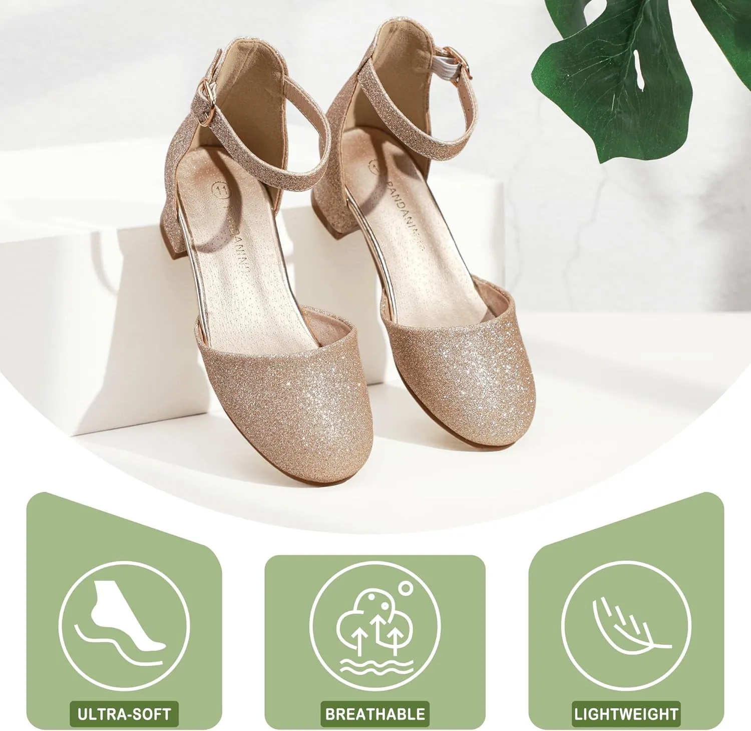 PANDANINJIA Girls Heels Dress Shoes Flower Girl Closed Toe Heels Ankle Strap Wedding Party School Miya Toddler Little Big Kid Pump Shoes