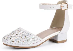 PANDANINJIA Girls Heels Dress Shoes Flower Girl Closed Toe Heels Ankle Strap Wedding Party School Miya Toddler Little Big Kid Pump Shoes